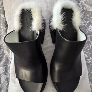 RUDSAK Black and White Fur-Trimmed Mules